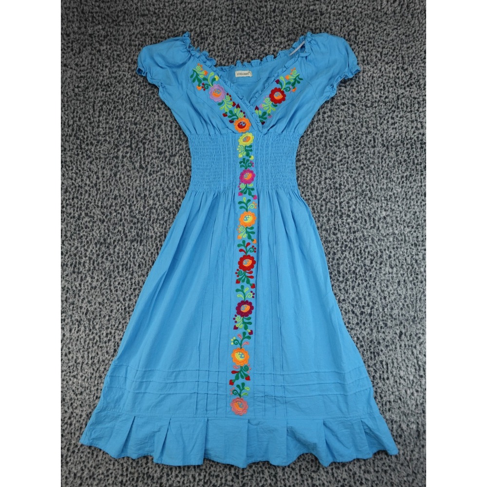 YZXDORWJ Midi Dress Womens‎ Medium Blue Floral Embroidered Smocked Boho